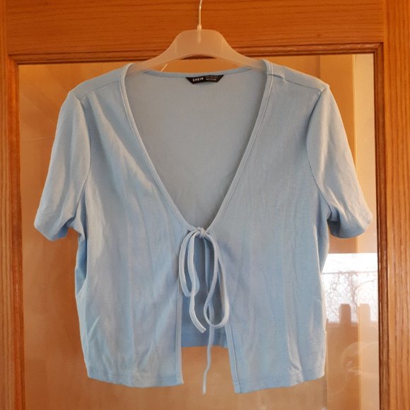 Shein Short Sleeve Tie Front Ribbed Cropped Cardigan - Blue - XL - Picture 1 of 5